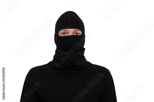man in balaclava close-up portrait isolated on a white background