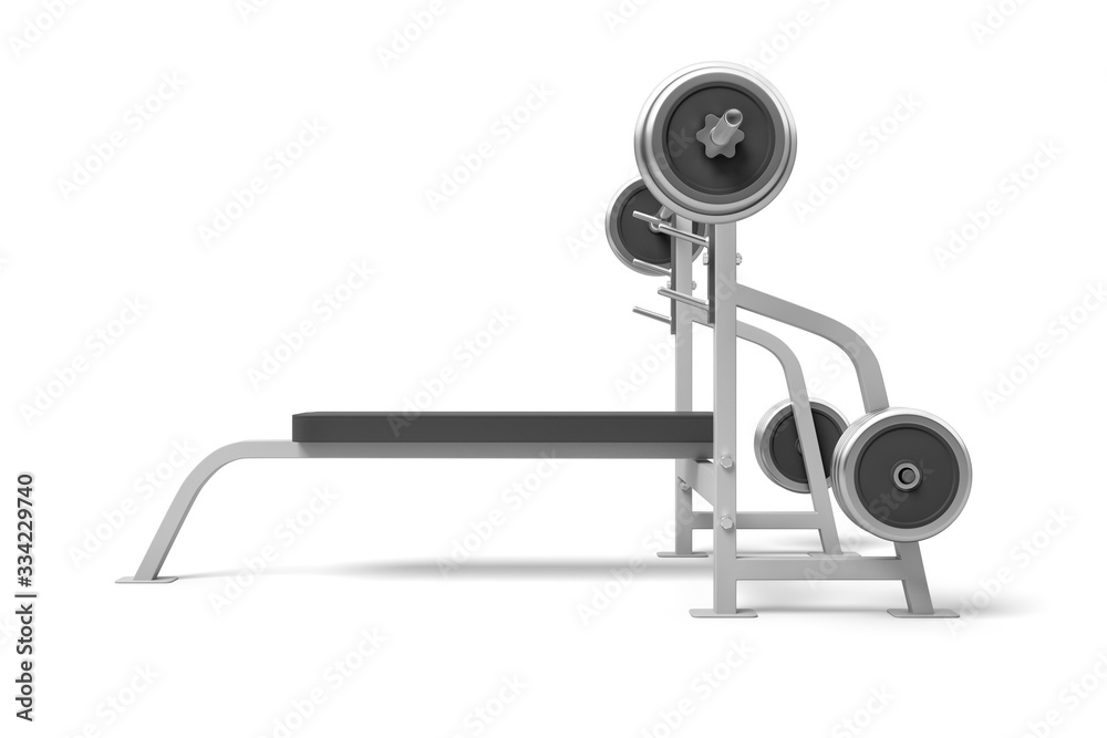 3d rendering of weight bench with metal barbell isolated on white background 3d rendering of weight bench with metal barbell isolated on white background