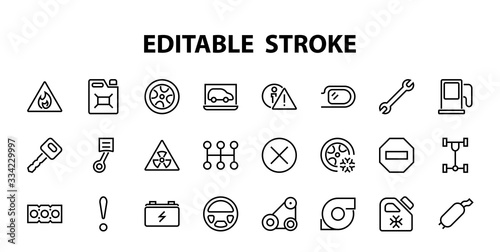 A simple set of car services related vector line icons. Contains icons such as oil, diagnostics, turbine, steering wheel, chassis, gearbox and much more. Editable move. 480x480 On a white background