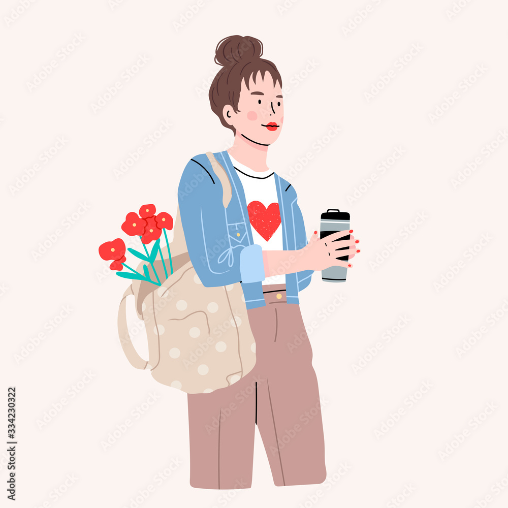 Cute young Girl in trendy clothes holding a shopping bag and cup. Eco shopper. Modern fashion look. Hand drawn Vector trendy illustration. Flat design. Cartoon style. Isolated on a white background Cute young Girl in trendy clothes holding a shopping bag and cup. Eco shopper. Modern fashion look. Hand drawn Vector trendy illustration. Flat design. Cartoon style. Isolated on a white background