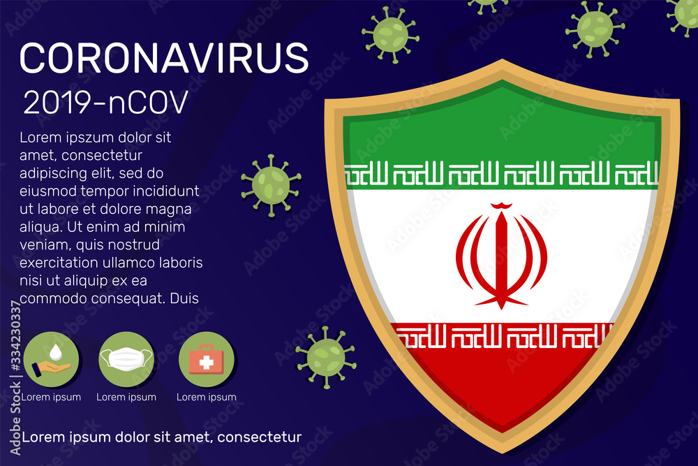 Naklejka premium Shield covering and protecting of Iran. Conceptual banner, poster, advisory steps to follow during the outbreak of Covid-19, coronavirus. Do not panic stop corona virus together