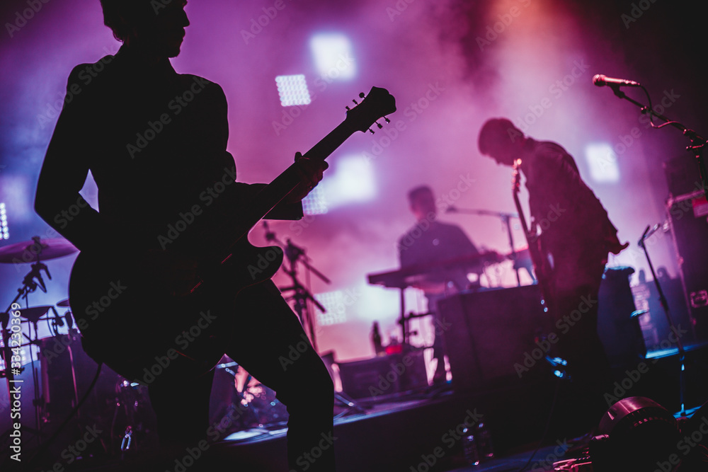 Blurred background light on rock concert with silhouette of musicians - obrazy, fototapety, plakaty 