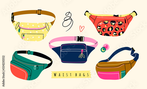 Various Waist bags. Colorful banana shaped belt bag. Hand drawn trendy Vector illustration. Fancy retro fashion accessory. All elements are isloated