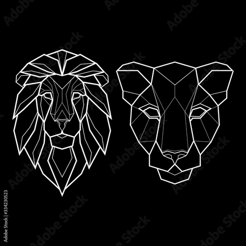 Set of two polygonal abstract heads of a lion and panther. Vector illustration