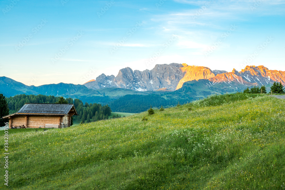 Aฺ Beautiful morning scenery of Alpe di siusi, Dolomite, Italy
