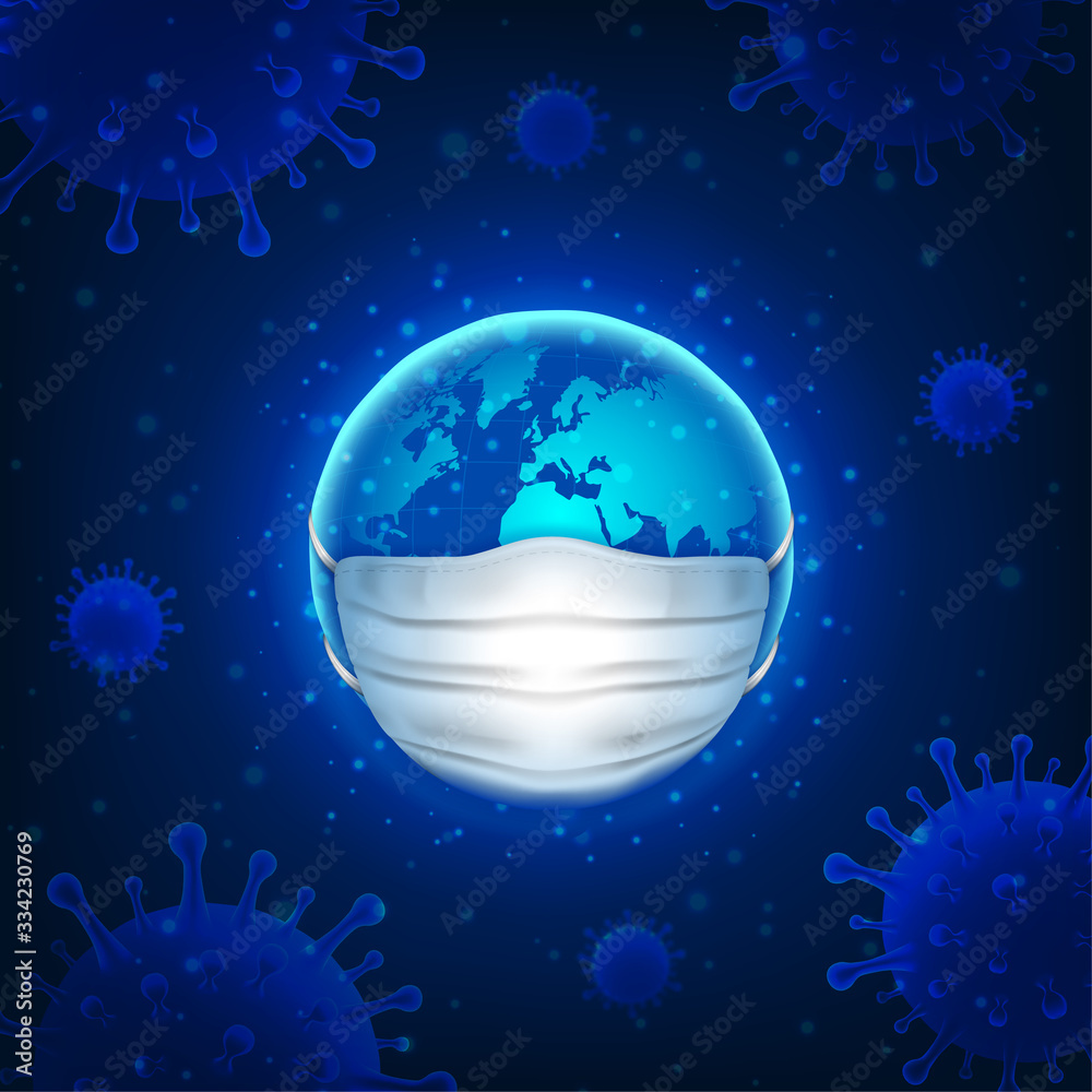 World with mask and coronavirus covid-19 outbreak for social distancing awareness and protecting alert against dangerous disease risk spread. Medical health concept with virus microscopic view. Vector