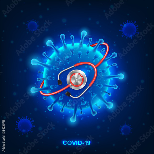 Coronavirus covid-19 with stethoscope, outbreak for social distancing awareness and protecting alert against dangerous disease risk spread. Medical health concept with virus microscopic. Vector 3D