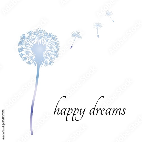 Dandelion blow with flying seeds. Minimal simple cards with quote. Happy Dreams. Botanical illustration. Floral design.
