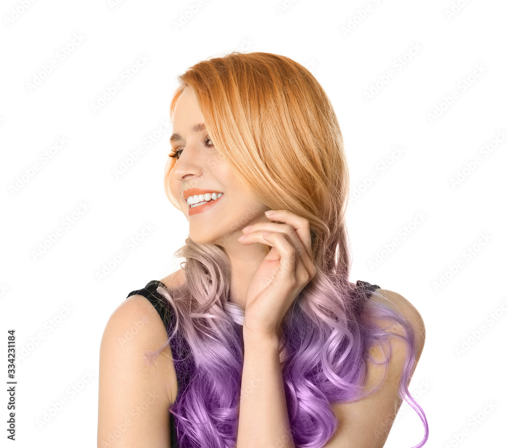 Portrait of young woman with dyed long curly hair on white background Portrait of young woman with dyed long curly hair on white background