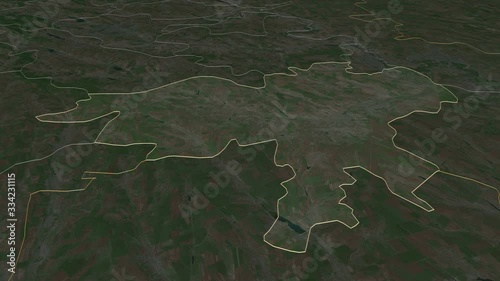 Causeni, district with its capital, zoomed and extruded on the satellite map of Moldova in the conformal Stereographic projection. Animation 3D photo