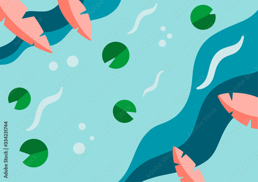 Vector illustration with tropical plants on a blue river background. Empty space for advertising Vector illustration with tropical plants on a blue river background. Empty space for advertising