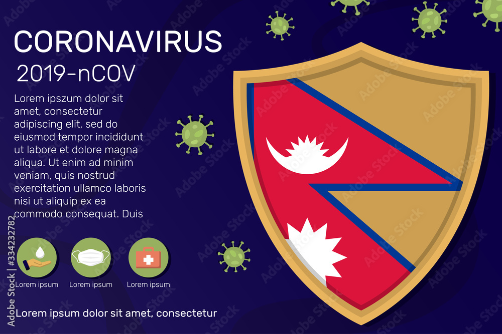 Shield covering and protecting of Nepal. Conceptual banner, poster, advisory steps to follow during the outbreak of Covid-19, coronavirus. Do not panic stop corona virus together