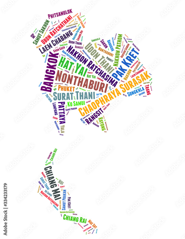 Obraz premium Thailand map and list of cities word cloud concept