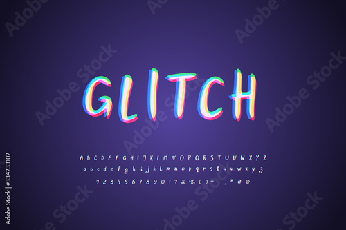 Digital glitch Alphabet white multicolor on dark background. Modern lettering font with stereo color effect. Uppercase and lowercase letters, numbers, marks. Vector illustration