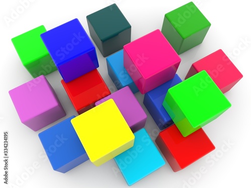 Colored toy cubes scattered on a white background