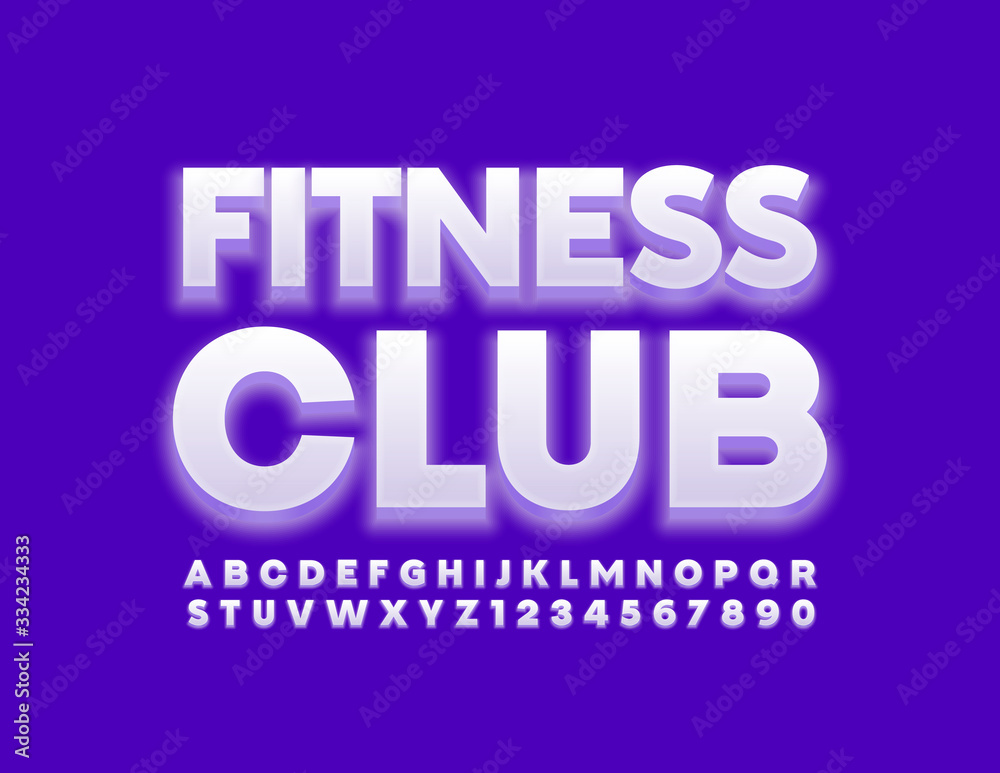 Vector modern banner Fitness Club. White glow Font. Trendy Alphabet Letters and Numbers