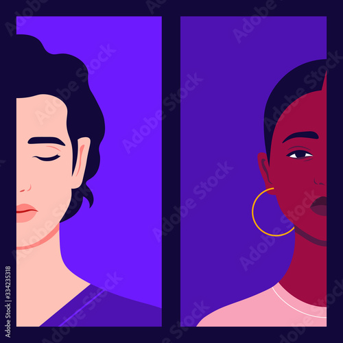 Faces of woman and man. Family relationships and gender conflict. Psychology. Husband and wife. Divorce and separation. Vector flat illustration