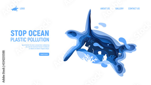 Ocean plastic pollution page template with turtle silhouette. Paper cut tortoise with plastic rubbish, fish, bubbles and coral reefs isolated on white background. Paper art vector illustration