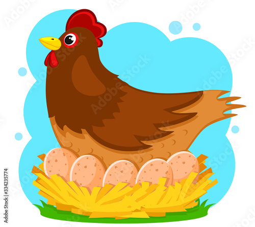A chicken sits in nest with eggs. Character