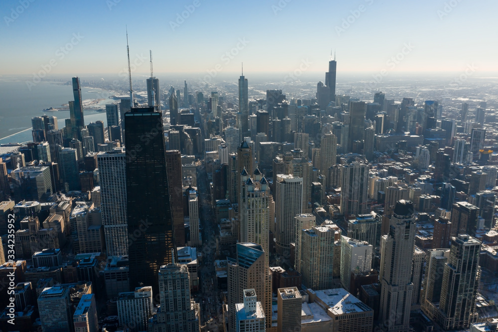 Bird's-eye view of Chicago downtown in the winter