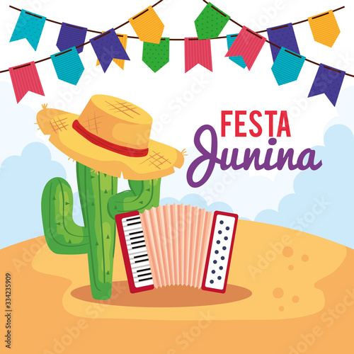 festa junina poster with accordion and icons traditional vector illustration design