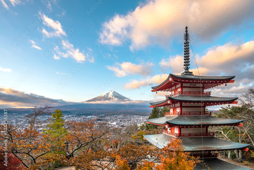 Chureito Pagoda, Mount Fuji and city in morning, Arakurayama Sengen Park (Fujiyoshida, Yamanashi Prefecture, Japan)