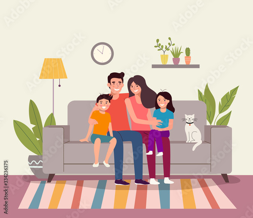 Mother and father with children sitting on the sofa. Vector flat illustration