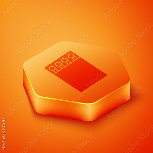 Isometric Open matchbox and matches icon isolated on orange background. Orange hexagon button. Vector Illustration
