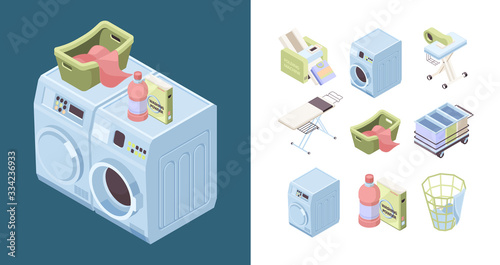 Laundry service. Powder detergent iron soap towel cleaning isometric washes tools vector. Illustration laundry and household, housework service, cleaning washing