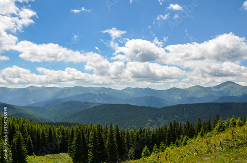 Mountain range Chornohora with its spurs in the Carpathian Mountains. Panoramic view from the opposite Kostrych ridge, Ukraine