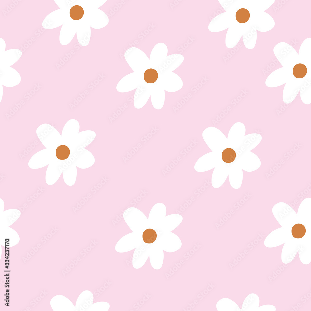 Cute Repeat Daisy Wildflower Pattern with light pink background. Seamless floral pattern. White Daisy. Stylish repeating texture. Repeating texture. 