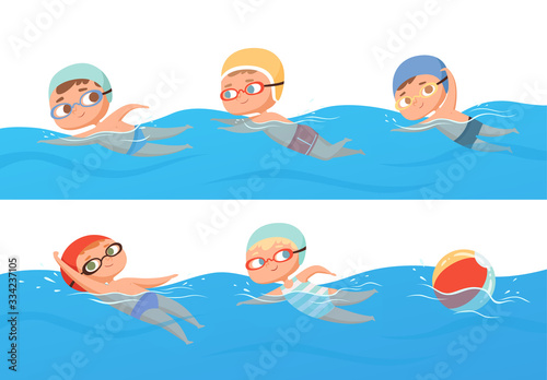 Kids swimming. Happy children water sport in pool summer swimming classes vector collection set. Happy boy abd girl in pool, people swimmer illustration