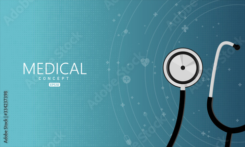 Stethoscope and medical icons. Medical concept. Blue color with abstract halftone pattern background. Flat design vector illustration