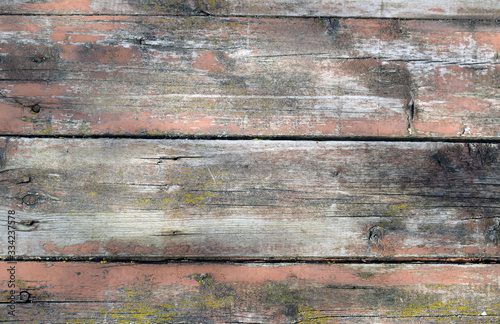 The texture of the old wooden surface with peeling paint. 