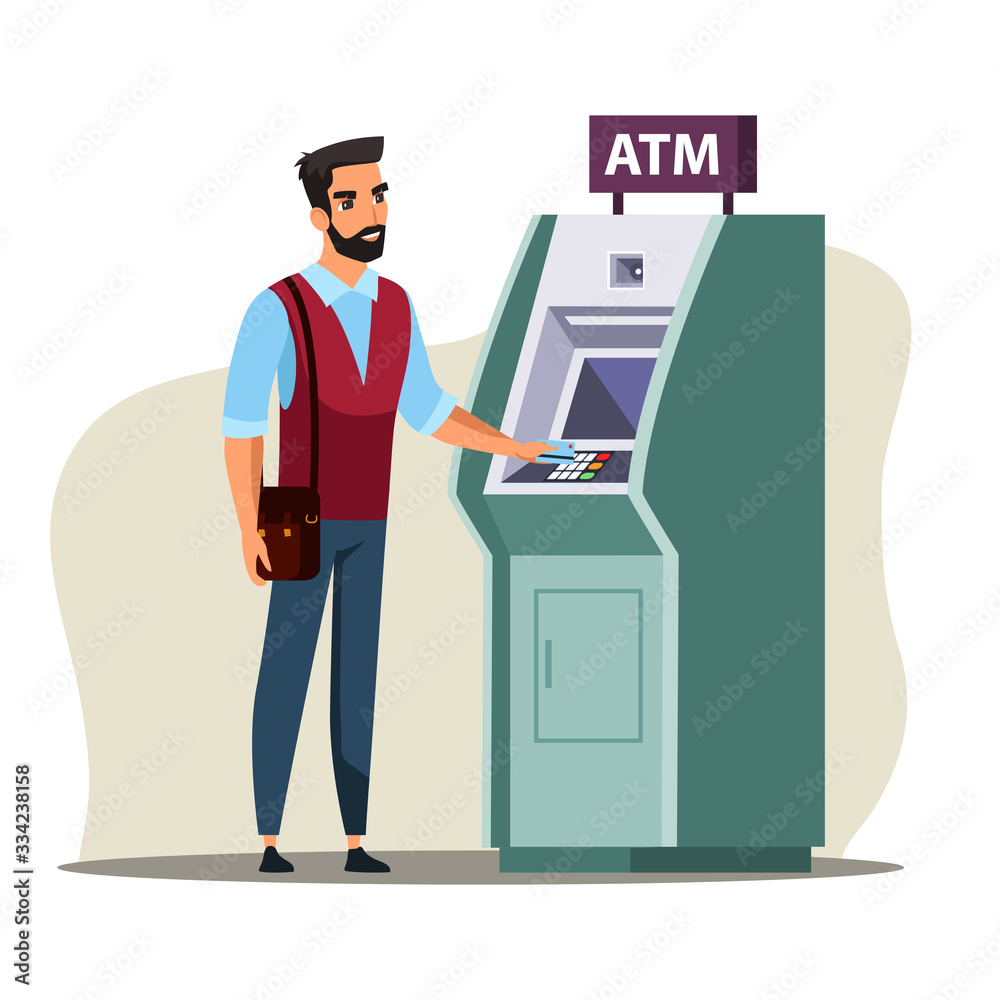 Young man using cashpoint flat color illustration Young man using cashpoint flat color illustration