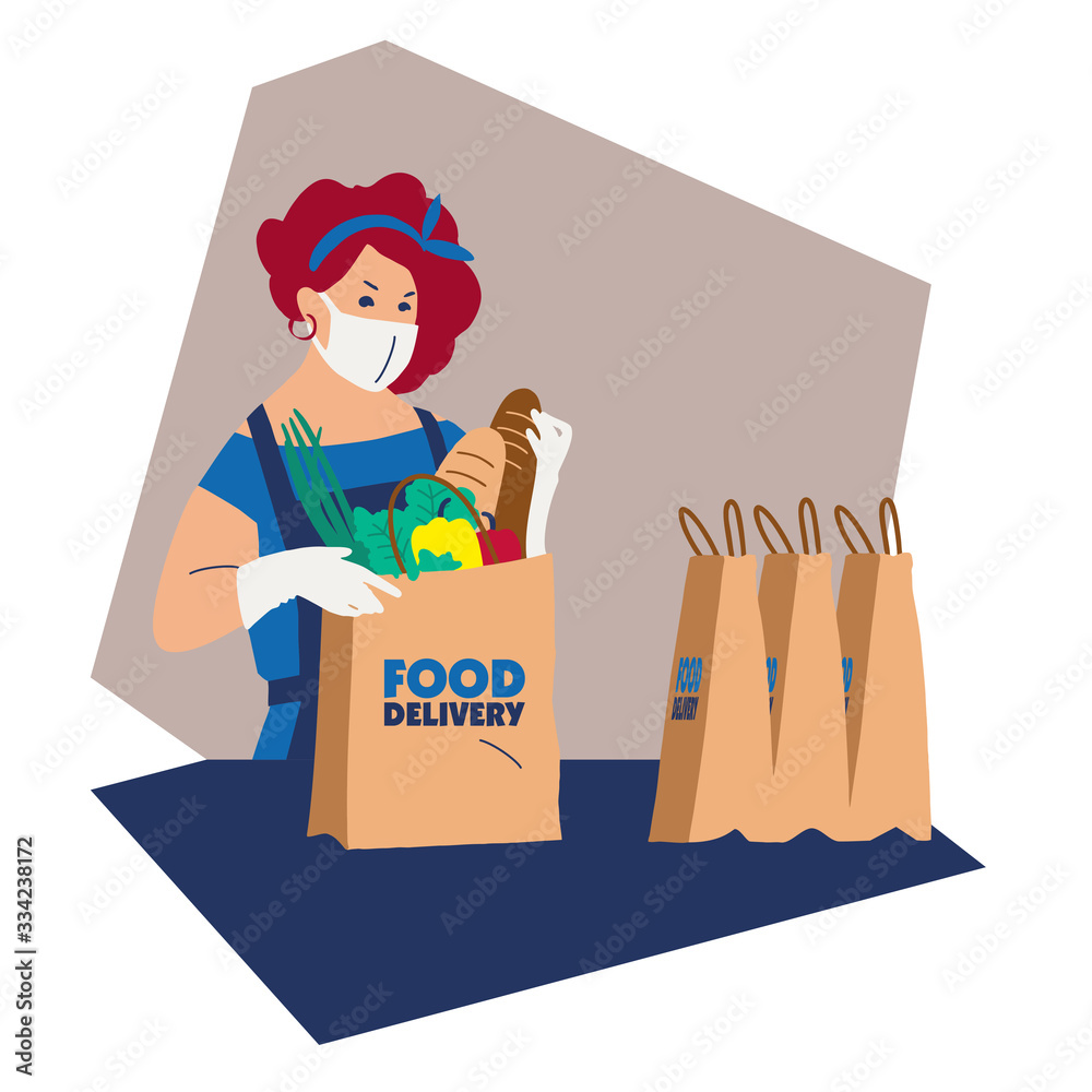 Food delivery. Delivery of goods for the prevention of coronovirus Covid-19. The girl is preparing food for shipment. Protective mask food packer. Flat illustration. Copy space Food delivery. Delivery of goods for the prevention of coronovirus Covid-19. The girl is preparing food for shipment. Protective mask food packer. Flat illustration. Copy space