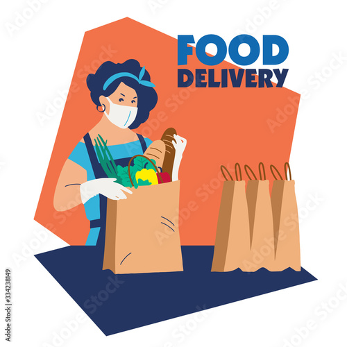 Food delivery. Delivery of goods for the prevention of coronovirus Covid-19. The girl is preparing food for shipment. Protective mask food packer. Flat illustration. Copy space