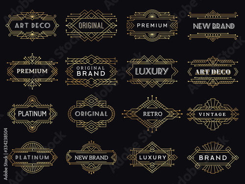 Vintage labels. Art deco luxury banners antique restaurant graphic elements logo framed vector. Ornament graphic label, logo antique decoration illustration