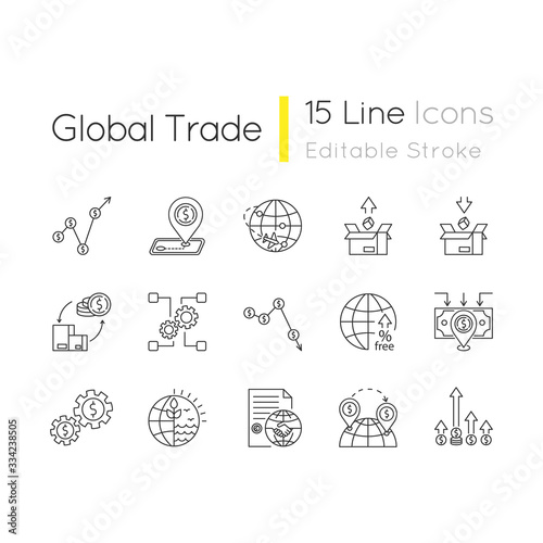 Global trade pixel perfect linear icons set. World economics, investment and income. Business assets. Customizable thin line contour symbols. Isolated vector outline illustrations. Editable stroke