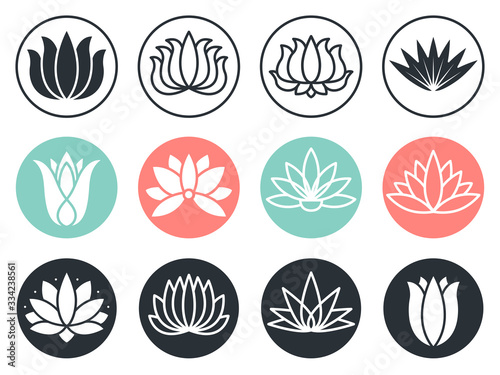 Lotus flowers icon. Stylized abstract beauty harmony plants vector collection symbols. Blossom plant spa, stylized and insignia wellness flower illustration
