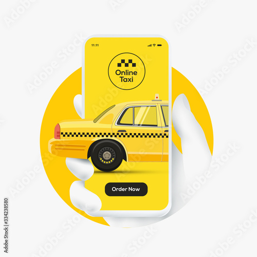 Online taxi order concept. White hand silhouette holding smartphone with yellow cab silhouette and order now button on yellow background. Vector illustration
