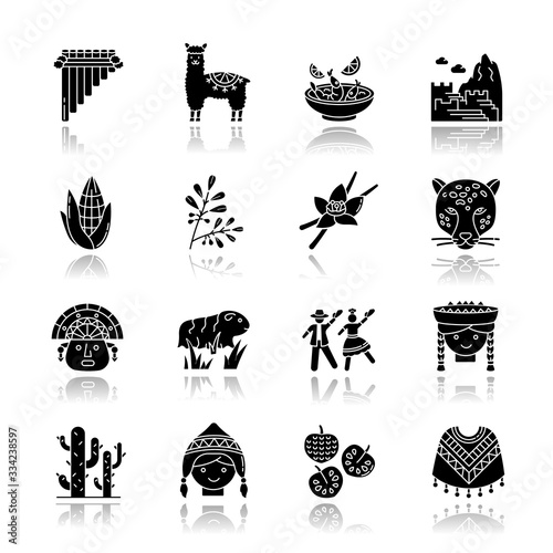 Peru drop shadow black glyph icons set. Peruvian sights, culture, nature, cuisine. Alpaca, guinea pig, siku, poncho, cherimoya, ceviche, jaguar. Isolated vector illustrations on white space