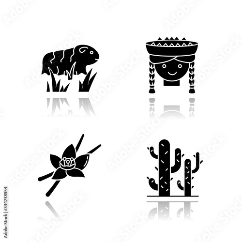 Peru drop shadow black glyph icons set. Incas country features. Guinea pig, peruvian girl, vanilla, cactuses. Andean region traditions and nature. Isolated vector illustrations on white space