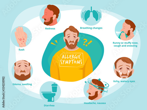 Allergic symptoms. Infected human sneezing infections sick asthma toilet vector infographic illustrations. Allergic symptom infected and sneezing bronchial asthmatic