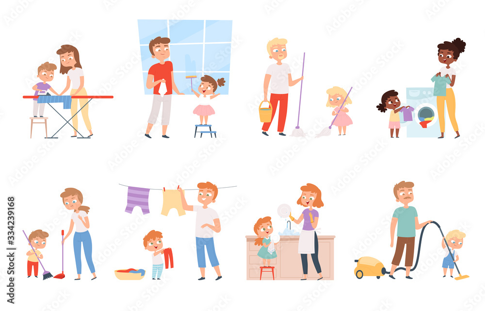 Children housework. Cleaning room washing appliance boys and girls helping parents vector cartoon people. Children helping parent, cleaning and housekeeper illustration