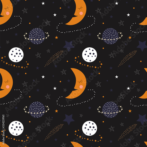Seamless pattern of cute sleepy moons, planets, and stars on a black background