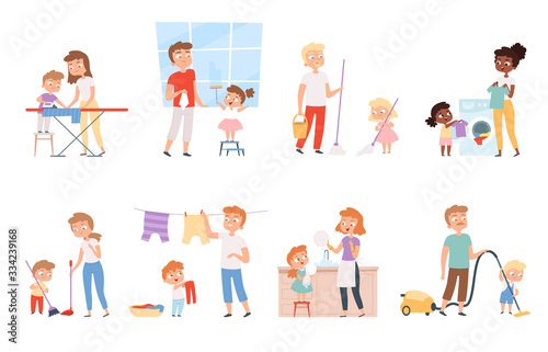 Children housework. Cleaning room washing appliance boys and girls helping parents vector cartoon people. Children helping parent  cleaning and housekeeper illustration