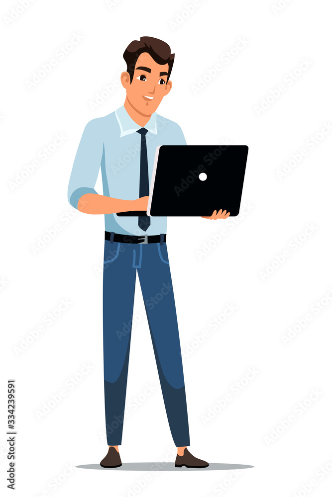 Vector character illustration man holding laptop