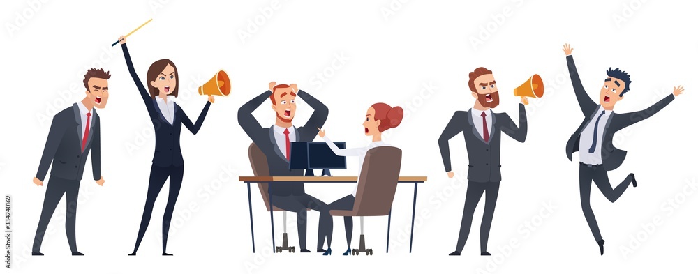 Screaming people. Angry business characters. Woman man with megaphone. Negative leadership vector illustration. Business character angry, businessman scream and shouting Screaming people. Angry business characters. Woman man with megaphone. Negative leadership vector illustration. Business character angry, businessman scream and shouting