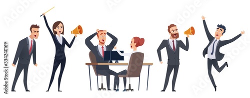 Screaming people. Angry business characters. Woman man with megaphone. Negative leadership vector illustration. Business character angry, businessman scream and shouting